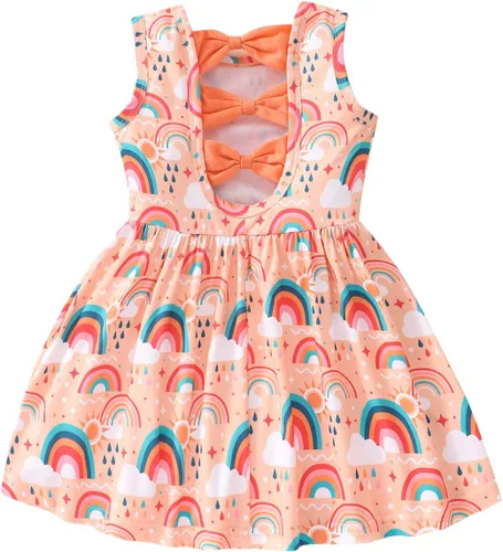 Miniatura 9 de Popshion Vestidos de verano para niñas con estampado de leopardo, vestido con lazo en la espalda, ropa de dinosaurio, sin mangas, para niños