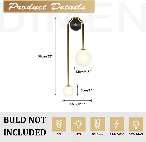 Miniatura 2 de Lámpara de pared moderna de mediados de siglo con forma de globo para interiores, 2 luces, color negro y dorado, con vidrio de leche, lámparas