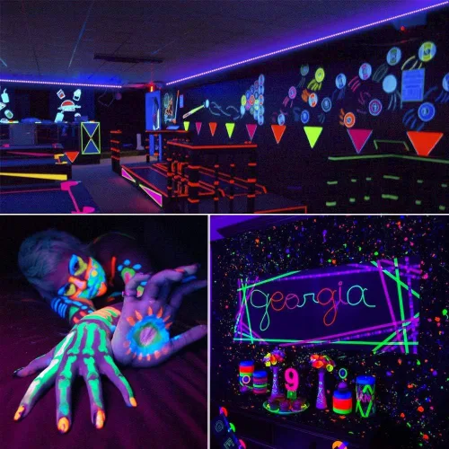 Miniatura 6 de Tiras de luz LED negras de 6.6 pies, 120 tiras LED UV a pilas para fiesta brillante, Halloween, vidrio, póster, pintura, batería no incluida