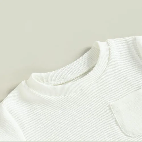 Miniatura 12 de KMBANGI Mameluco de manga corta con cuello redondo de punto acanalado de color sólido para bebé, niña y niño, traje de verano de una pieza