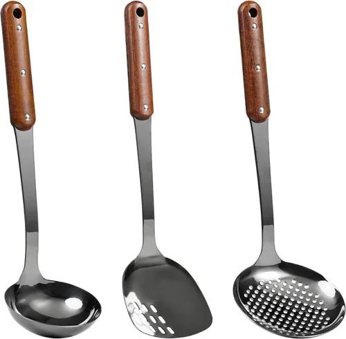 FJNATINH Espátula Wok de acero inoxidable, cucharón, juego de herramientas de cucharón de espumadera, utensilios de cocina pulidos con mango de Negro