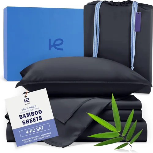 Miniatura 14 de Kickoff Sábanas de bambú de viscosa tamaño King, 4 piezas, 100% viscosa de bambú orgánico, juego de sábanas refrescantes tamaño King, ropa de cama