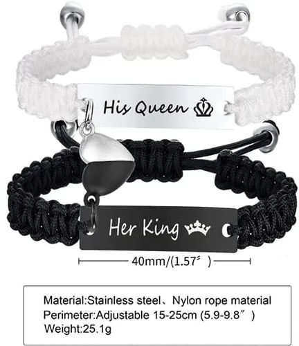 Miniatura 2 de XUANPAI Juego de pulseras de identificación trenzadas hechas a mano con cuerda grabada para parejas, regalo personalizado de aniversario para él