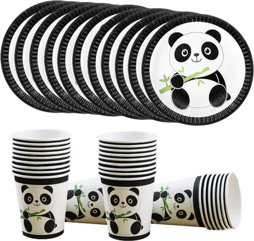 40 piezas de suministros de fiesta de panda blanco y negro, juego de vajilla desechable con platos y tazas para niños, decoración de cumpleaños para