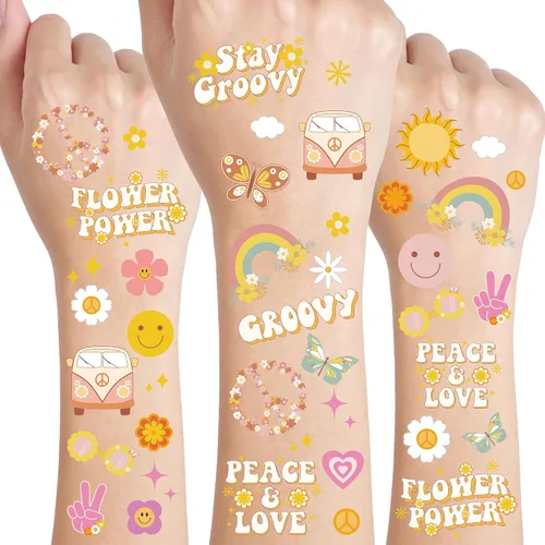 Crazy Night Tatuajes temporales de los años 70 Groovy - 132 estilos | Suministros de fiesta de cumpleaños Flower Power, recuerdos sonrientes de Good
