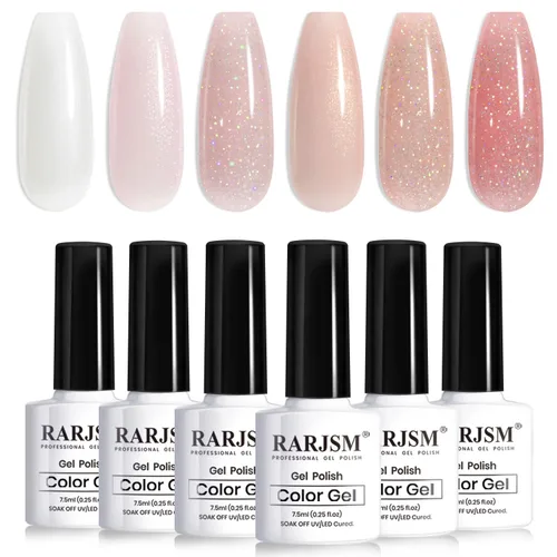 Miniatura 58 de RARJSM Juego de Esmaltes de Gel Nude Colección Jelly Pink de 6 Colores Naturales Transparentes Rosa Translúcido Lechoso Malva Morado Marrón Claro