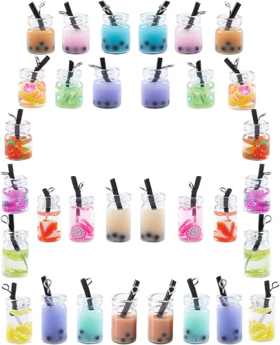 Miniatura 8 de SUNNYCLUE 1 caja de 7 estilos de té con leche y frutas, mini botella, colgantes de helado de Boba para bebidas de imitación, joyería de vidrio, 28