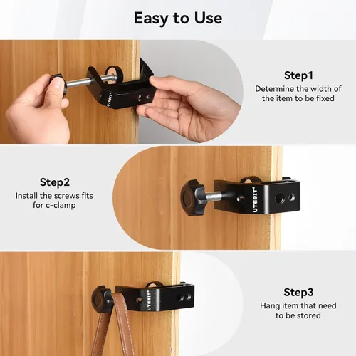 Miniatura 7 de UTEBIT 0.36"-1.2" Universal Aluminum C-Desk Clamp, Black Adjustable Support Clamp with 1/4" and 3/8" Thread for Desktop Mount Holder Flash Desks