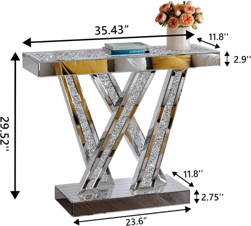 Miniatura 4 de Mesa consola moderna plateada con espejo, mesa de sofá de cristal con incrustaciones de cristales triturados, mesa de entrada de 35 pulgadas
