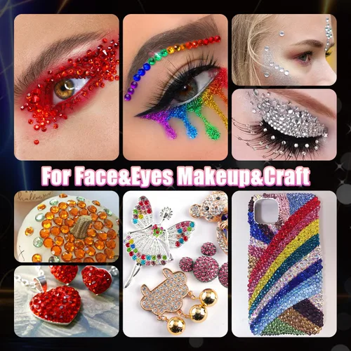 Miniatura 7 de Juego de 12 hojas de calcomanías para la cara, 2 con 7 colores, diamantes de imitación autoadhesivos de forma mixta, con pegamento de maquillaje
