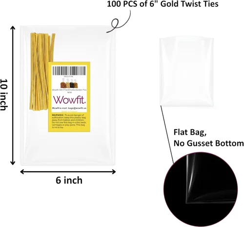 Miniatura 7 de Wowfit 100 unidades de 6x10 pulgadas Bolsas de celofán transparentes planas con lazos dorados de 6 pulgadas, embalaje de celofán para envolver