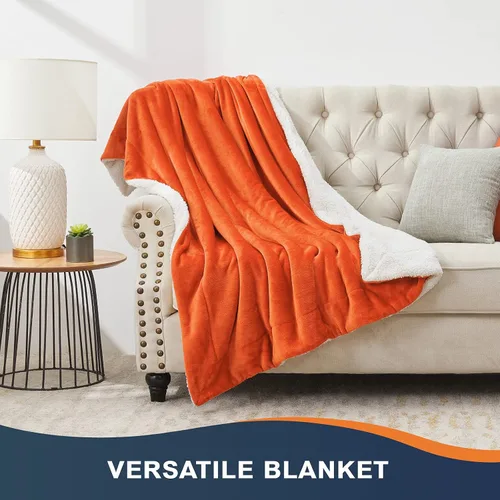 Miniatura 5 de Walensee Manta de vellón Sherpa (Tamaño de manta de 50 x 60 pulgadas, naranja) Manta de felpa peluda súper suave reversible de franela de microfibra