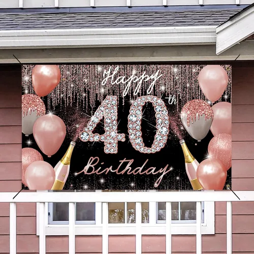 Miniatura 6 de Cartel de fondo de feliz cumpleaños 40, decoración de cumpleaños 40 para mujer, oro rosa, cartel de fiesta de cumpleaños de 40 años, cartel de fondo