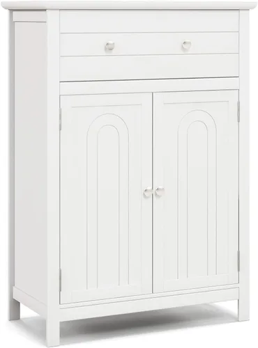 Miniatura 11 de Tangkula Armario de piso de baño, gabinete de almacenamiento de madera independiente con cajón grande y 2 puertas, estante ajustable de 3 alturas