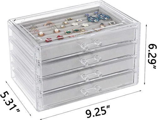 Miniatura 3 de Weiai Organizador de joyas acrílico caja de joyería transparente con 4 cajones vitrina de terciopelo para almacenamiento aretes anillos collares