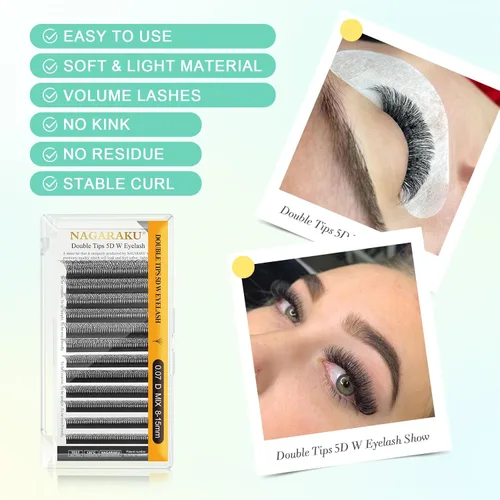 Miniatura 136 de NAGARAKU Extensiones de pestañas falsas en forma de W de 4D, suaves y naturales, con volumen, rizado D, 0.07mm, mezcla de 8-15mm, abanico 0.07-D 4D W