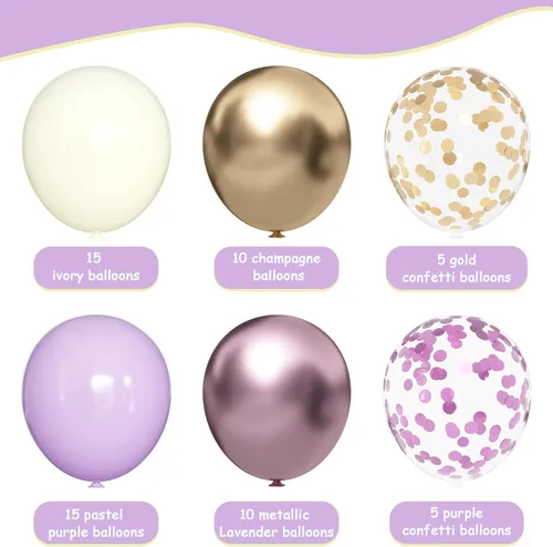 Miniatura 2 de Globos morados y dorados: 60 globos metálicos de lavanda y champán de 12 pulgadas con confeti para graduaciones, bodas, cumpleaños y celebraciones