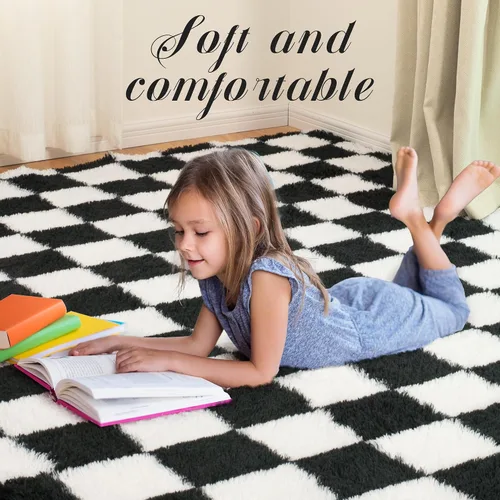 Miniatura 5 de Alfombra de área súper suave en blanco y negro, de 5 x 7 pies, alfombra clásica a cuadros de pelo alto mullida para dormitorio, sala de estar, Negro