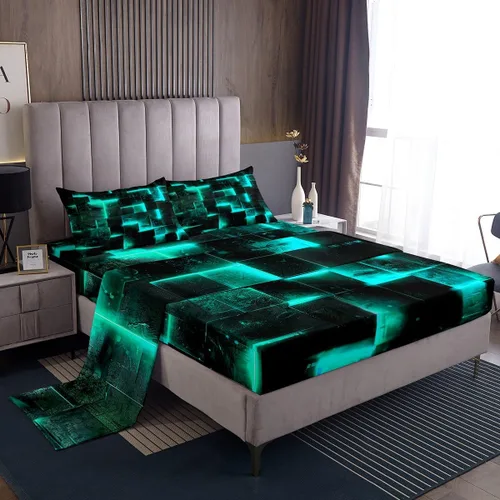 Miniatura 46 de Erosebridal Juego de sábanas de cama negro y rojo, juego de sábanas de tamaño individual abstracto moderno, sábanas a cuadros brillantes 3D, juego
