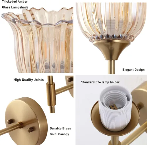 Miniatura 5 de BYOLIIMA Aplique de pared dorado de 2 luces con pantallas de vidrio ámbar, moderno de mediados de siglo, accesorios de luz de pared para tocador