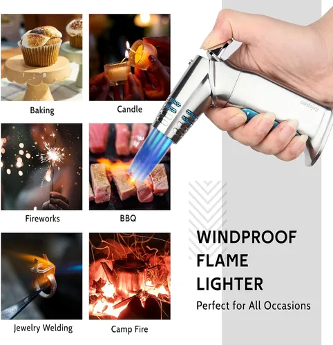 Miniatura 2 de Linterna de soplete, encendedor de butano recargable resistente al viento con 4 llamas cuádruples y bloqueo de seguridad para cocina, parrilla