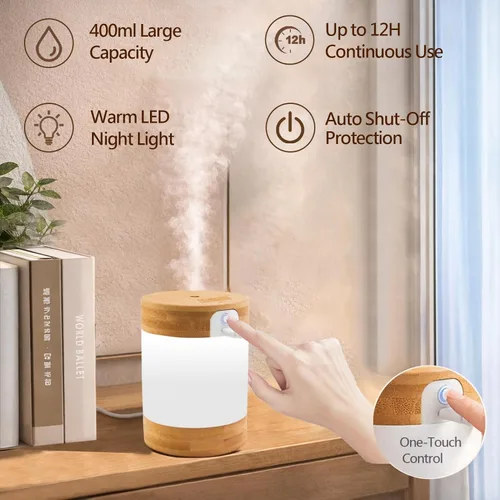 Miniatura 2 de Mini humidificador ultrasónico de bambú, humidificador de escritorio silencioso de 14.1 onzas líquidas con luz nocturna LED dual, alimentado por