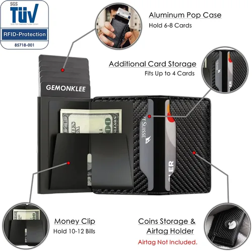 Miniatura 5 de Gemonklee Billetera emergente, soporte de aluminio para tarjetas de crédito con soporte para AirTag con cremallera RFID, cartera con clip