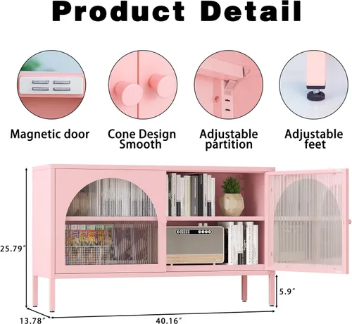 Miniatura 2 de Soporte de metal para TV, armario de almacenamiento con 2 puertas acrílicas, armario rosa con estante ajustable, gabinete lateral para el hogar