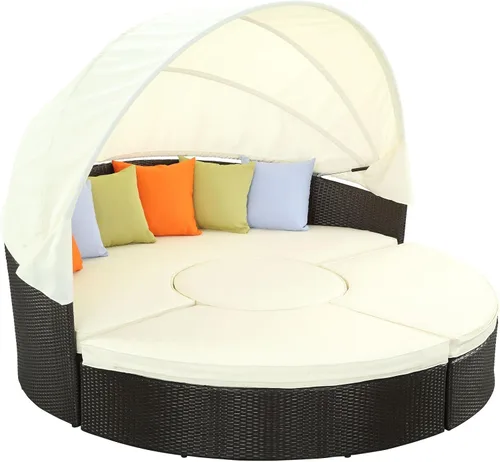 Miniatura 2 de LexMod sillón circular de mimbre para patio con dosel, marrón café., Moderno, Espresso Blanco