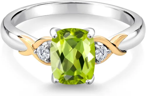Miniatura 3 de Gem Stone King Anillo de compromiso de 3 piedras preciosas de plata 925 y oro amarillo de 10 quilates de 0.315 x 0.236 in de talla cojín y diamante