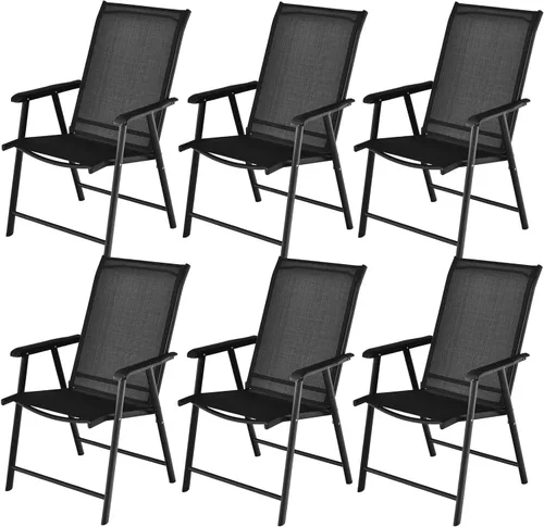 Miniatura 10 de Tangkula Juego de 2 sillas plegables para patio, sillas de comedor de tela para exteriores con respaldo alto y reposabrazos, marco de metal Negro