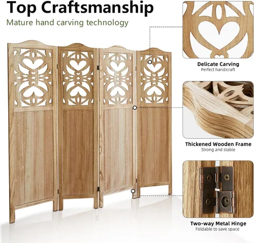 Miniatura 4 de Divisor de habitación de 4 paneles de madera tallada de 5.6 pies de alto, pantalla de privacidad plegable con bisagras dobles, divisor de división