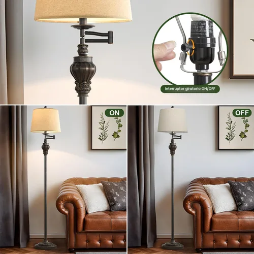 Miniatura 7 de G-SAFAVA Lámpara de pie vintage de 61 pulgadas con brazo oscilante ajustable de 350°, lámpara de pie para dormitorio, sala de estar, mesita