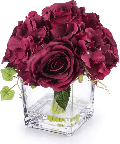Miniatura 5 de Arreglos de flores artificiales de seda de rosas y hortensias en jarrón de cristal para decoración del hogar y boda (azul)
