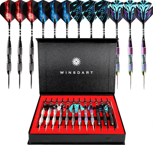 Miniatura 11 de WINSDART Steel Tip Darts 12 Pack Set with Nonslip Iron Barrel Aluminum Dart Shafts and Flights Darts Sharpener an Gift Box DARTS-B