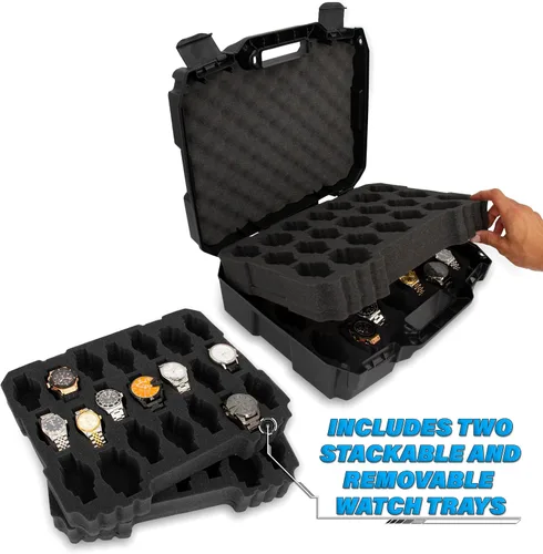 Miniatura 5 de CASEMATIX Estuche de viaje para reloj con 42 ranuras para portarrollos de reloj, resistente a los impactos con caja de reloj de espuma