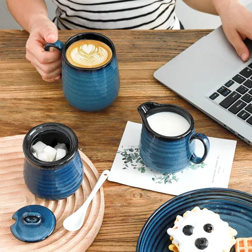 Miniatura 3 de Hasense Juego de Azucarero y Cremera de Porcelana, Azucarero de 11 Onzas con Tapa y Cuchara, Jarra de Crema de 10 Onzas, Juegos de Café Estilo Azul
