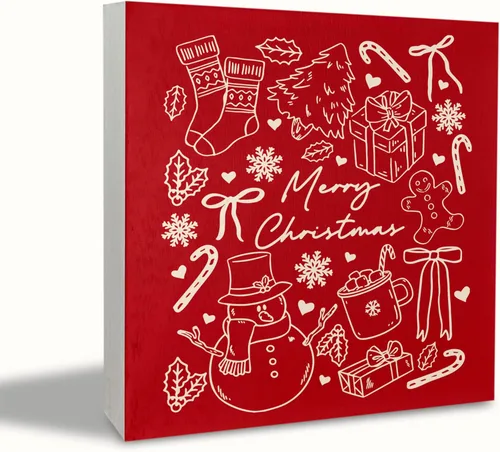 Miniatura 12 de KEUSPI Cartel de madera rústica rosa con texto en inglés "Merry Christmas", decoración de escritorio de Navidad preparada, árbol de Navidad, caballo
