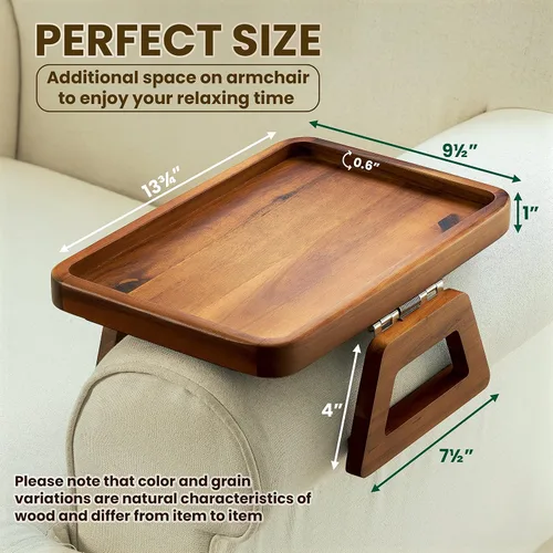 Miniatura 2 de Tinamo Mesa de brazo de acacia de 13.75 x 9.5 pulgadas, bandeja de brazo de sofá de madera, mesa de reposabrazos para sofá, bandeja de reposabrazos