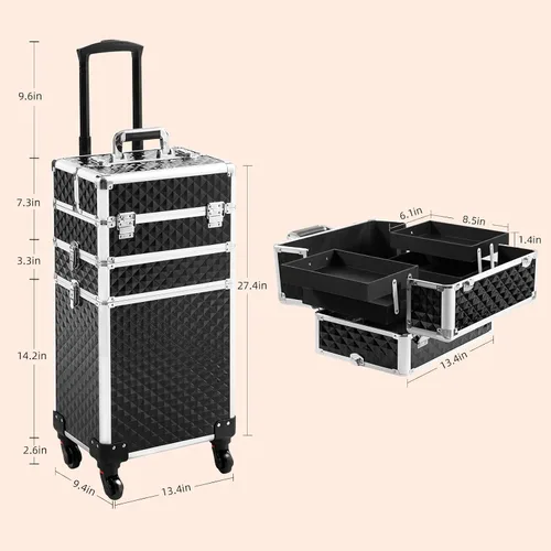 Miniatura 5 de Somduy Estuche de maquillaje rodante 3 en 1, organizadores profesionales de maquillaje, estuche de cosméticos de almacenamiento grande, estuche