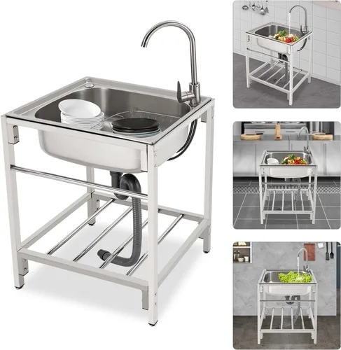Miniatura 3 de Fregadero de cocina de restaurante comercial independiente de acero inoxidable con soporte, preparación de cocina y lavabo de mano para el hogar