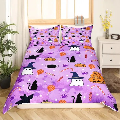 Miniatura 12 de Feelyou Funda de edredón de Halloween, tamaño individual, con 1 funda de almohada, decoración de Halloween, juego de ropa de cama con estampado