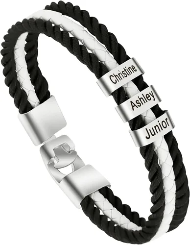 Miniatura 40 de Pulseras de cuero personalizadas para hombre con 1-6 nombres, pulsera trenzada personalizada con cuentas para papá, marido, día del padre, San
