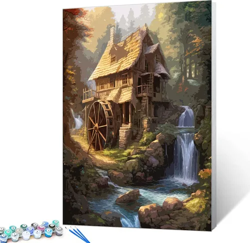 Miniatura 2 de Tucocoo Kits de pintura rústica de cabaña por números con pinceles y pigmento acrílico sobre lienzo para adultos, selva, cascada, manualidades