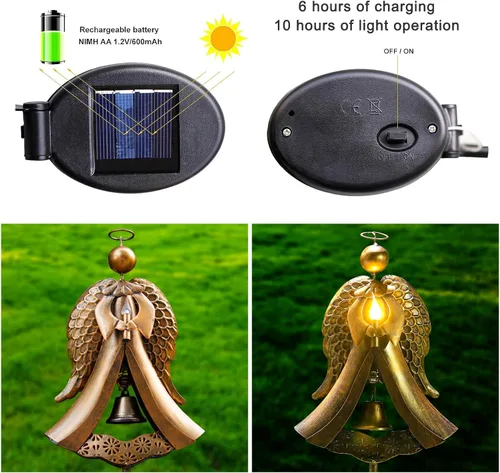 Miniatura 3 de Homight Luz solar de estaca de jardín – Ángel de metal solar cálida estaca luz regalo conmemorativo – Campana de ángel de bronce al aire libre