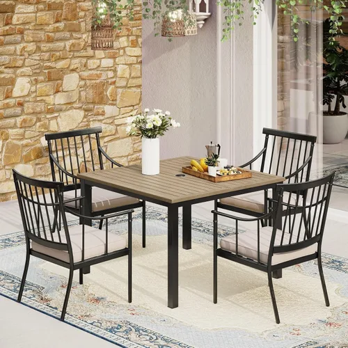 Miniatura 17 de MFSTUDIO Juego de comedor de 5 piezas de metal para patio, juego de muebles para exteriores con 1 mesa cuadrada de madera y 6 sillas de respaldo