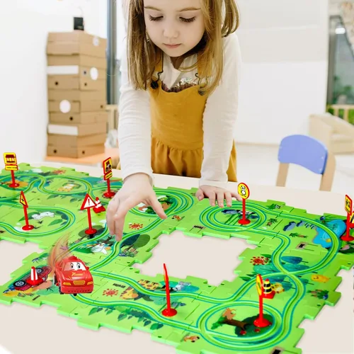 Miniatura 7 de Regalo de cumpleaños para niño de 4 años, Set de pista de autos de carreras con rompecabezas para niños, Set de pista de autos Puzzle Racer