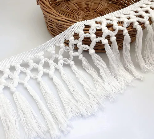 Miniatura 9 de FQTANJU Borla de algodón de 3 yardas de 5.5 in de ancho, borla de algodón, cinta bohemia de macramé para accesorios de costura, manualidades y Beige