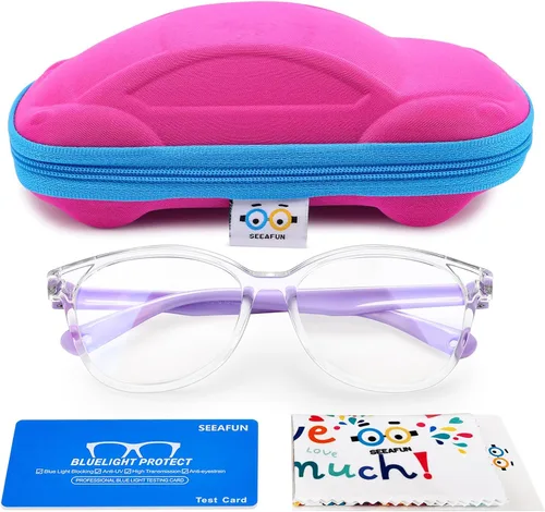 Miniatura 10 de Gafas de luz azul para niños y niñas con bonita funda de automóvil, protección UV400, antirayos azules, edades de 3 a 12 años Azul transparente