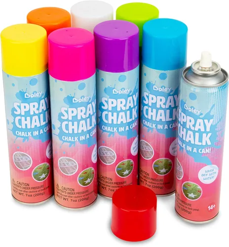 Boley Tiza en aerosol, paquete de 8 pinturas en aerosol lavables de 7 onzas cada una, no tóxica, colores vibrantes al aire libre para pavimento,